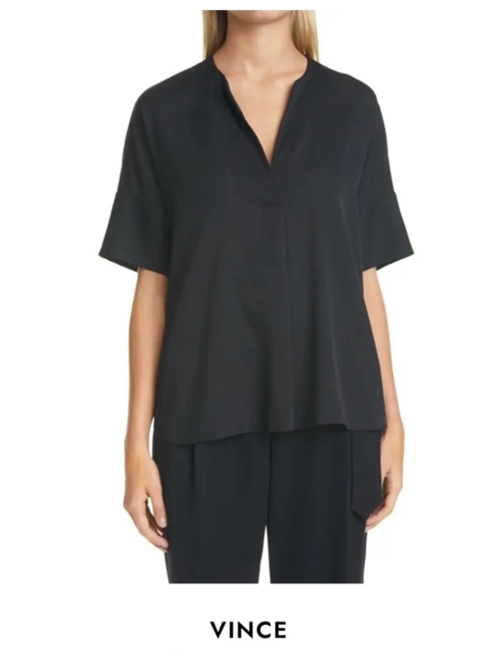 Vince Linen Blend V Neck Popover Blouse Casual Minimalist Contemporary Large